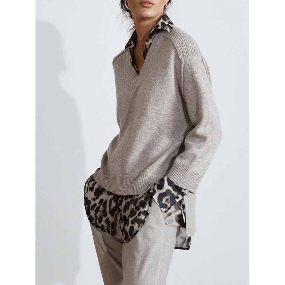Brochu Walker Looker Wool Cashmere Layered Leopard Print Sweater XS Oatmeal